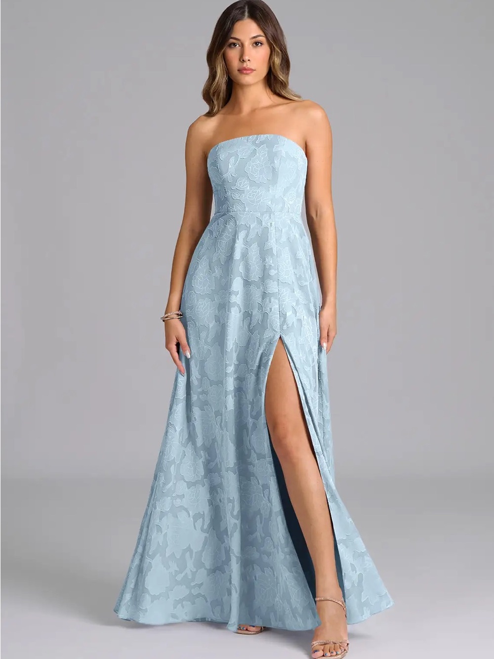 Azazie Wren Sky Blue A-Line Strapless Floral Burnout Dress